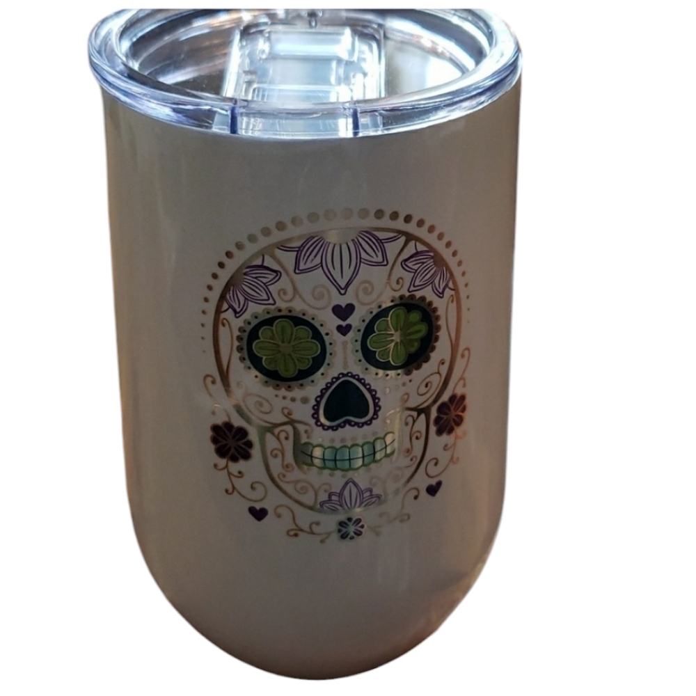 Zinny Double Wall Stainless Steel Day of the Dead Sugar Skull Goblet w/drink top